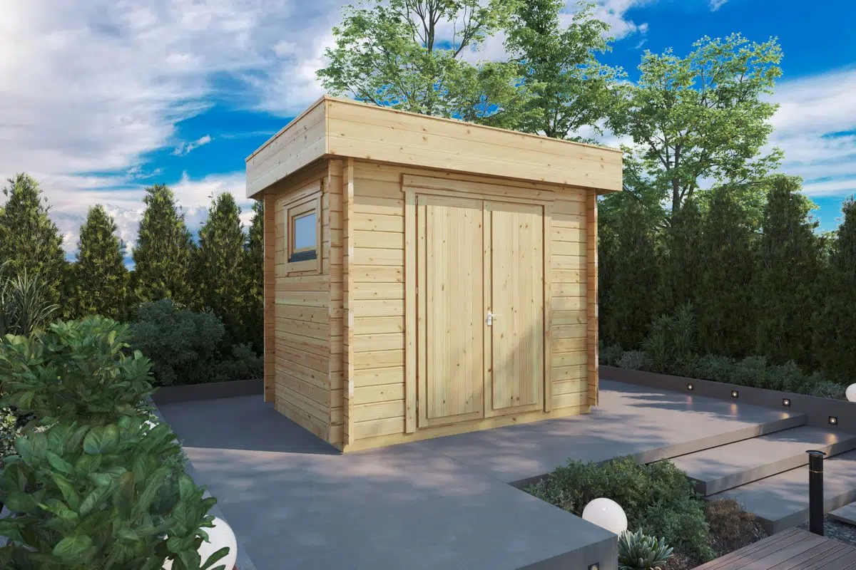 Small flat roof wooden storage shed
