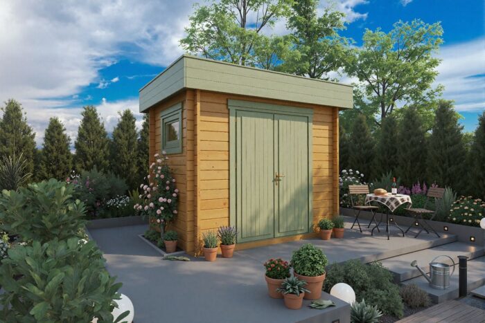Small flat roof wooden storage shed - painted