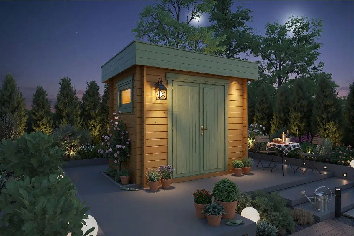 Small flat roof wooden storage shed - painted