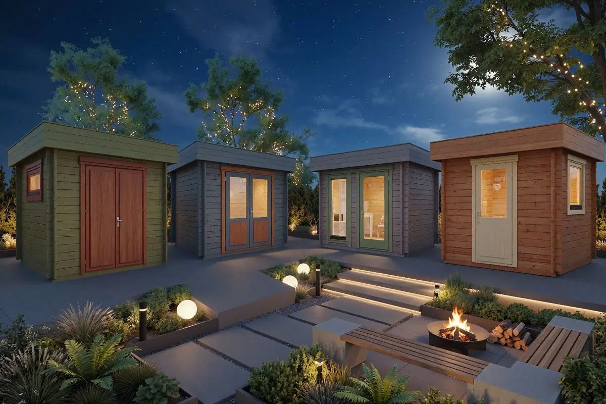 Small wooden flat roof garden rooms - at night