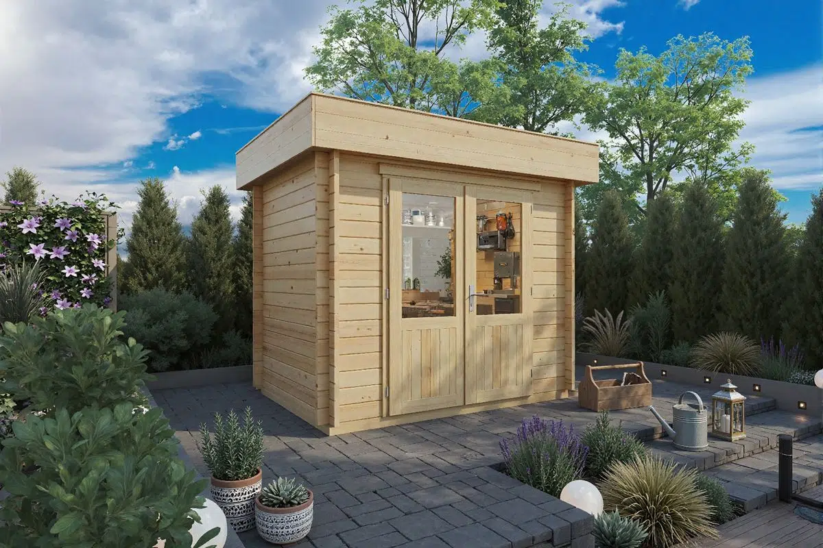 Small wooden garden studio or workshop. Flat roof