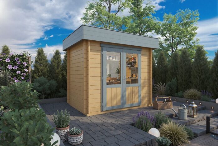 Small wooden garden studio or workshop. Flat roof. Painted