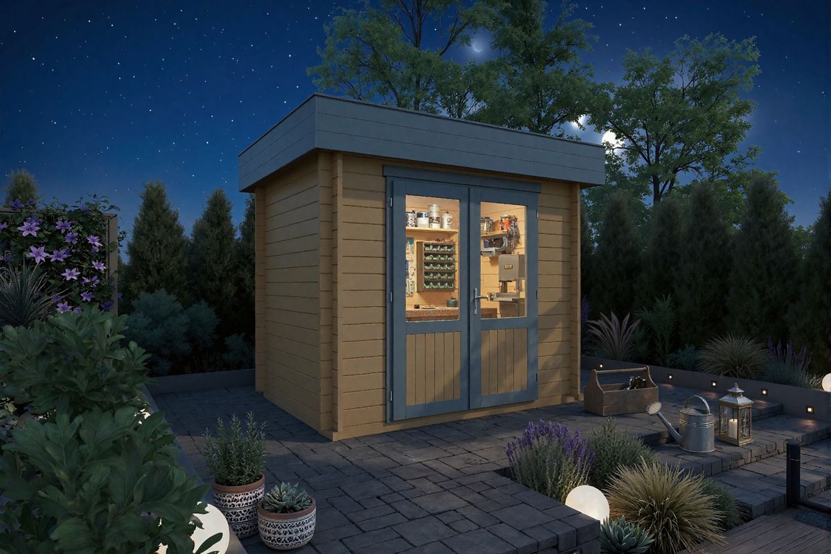 Small wooden garden studio or workshop. Flat roof. Painted
