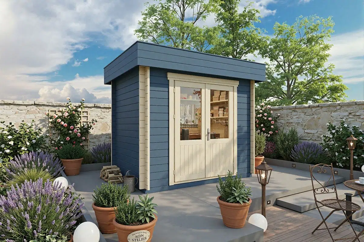 Small wooden garden studio or workshop. Flat roof. Painted