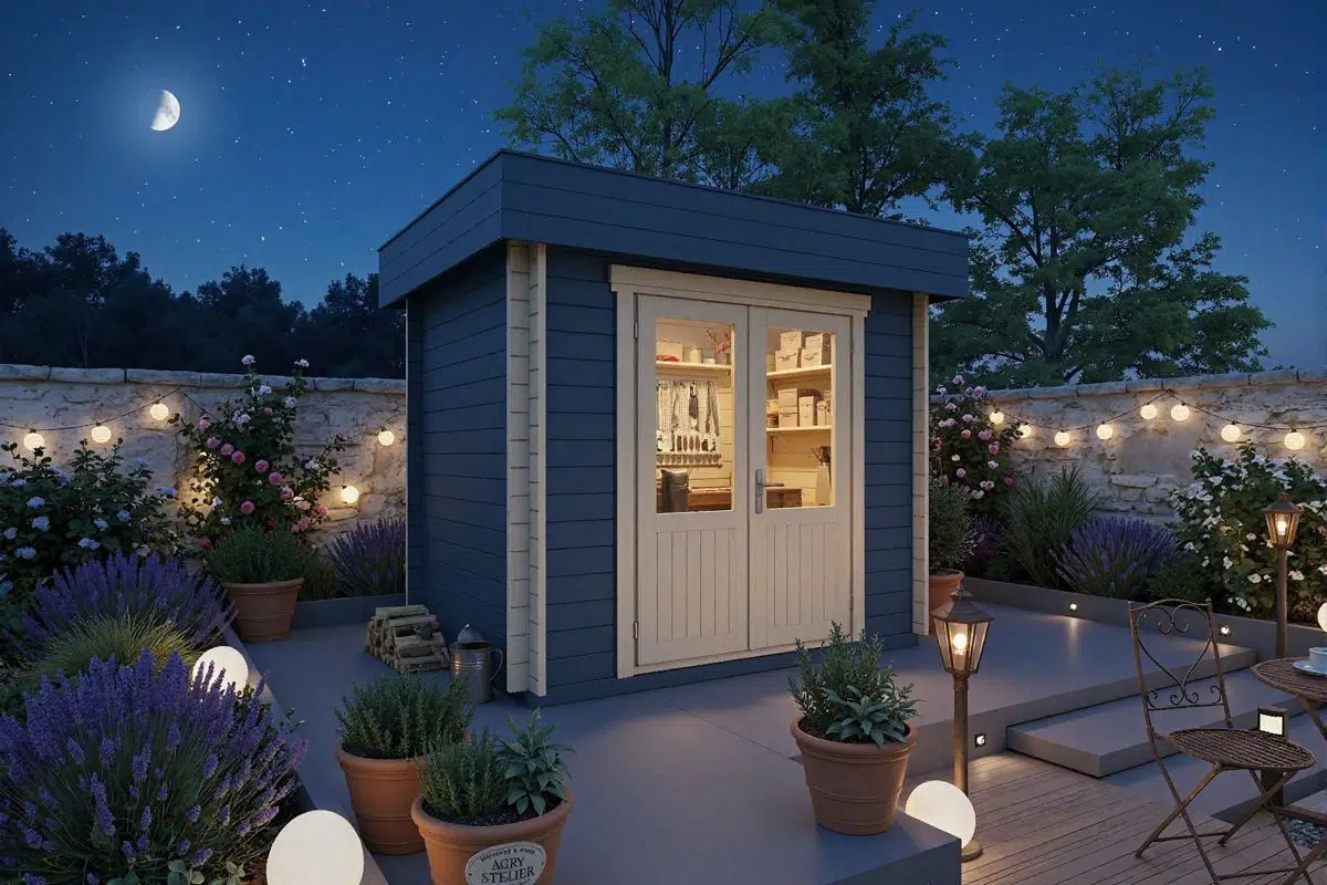 Small wooden garden studio or workshop. Flat roof. Painted