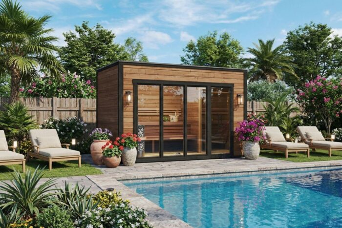 Modern outdoor sauna with flat roof and changing room. Made from thermowood. Used as pool house.