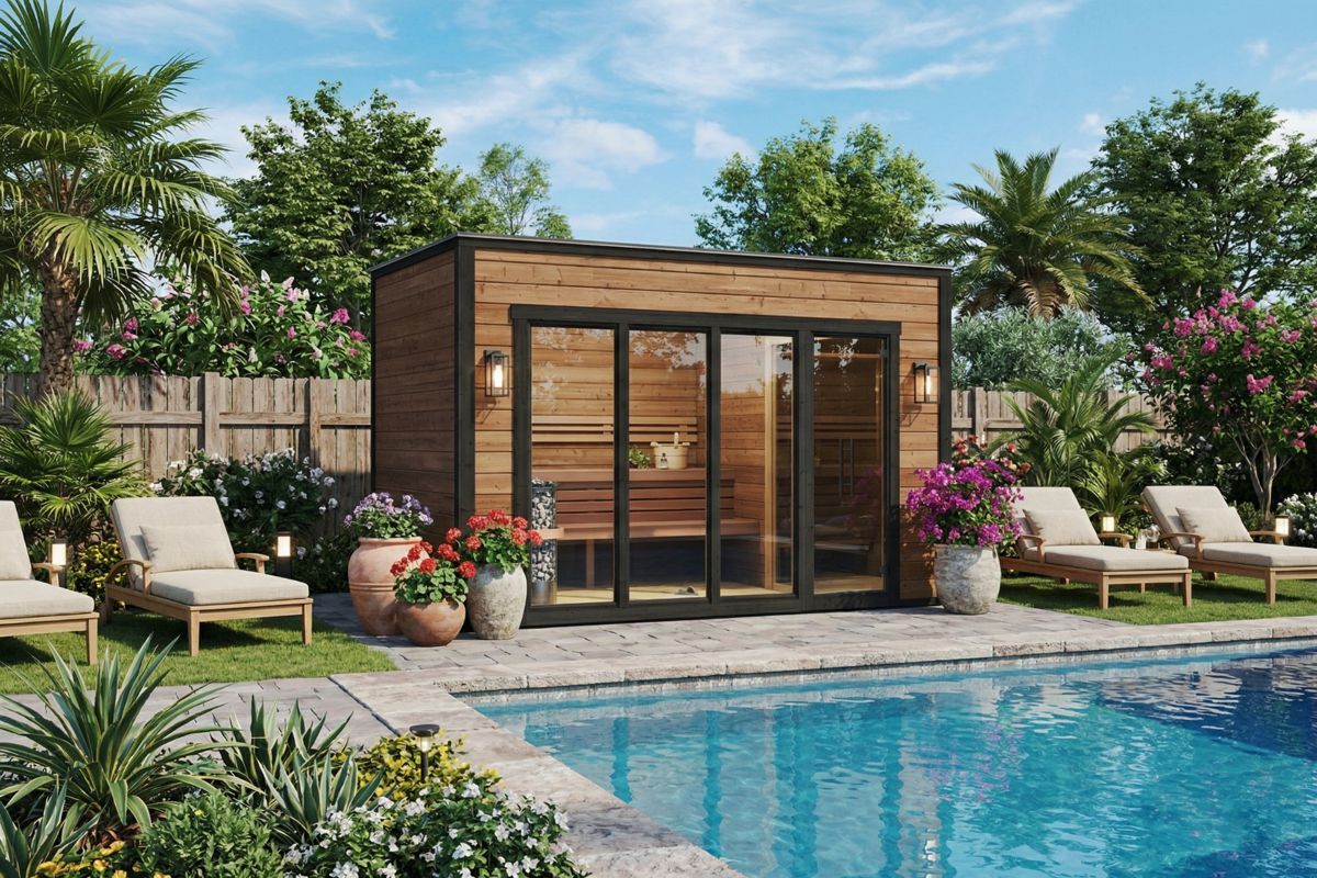 Modern outdoor sauna with flat roof and changing room. Made from thermowood. Used as pool house.