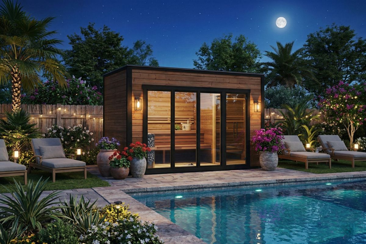 Modern outdoor sauna with flat roof and changing room. Made from thermowood. Used as pool house.