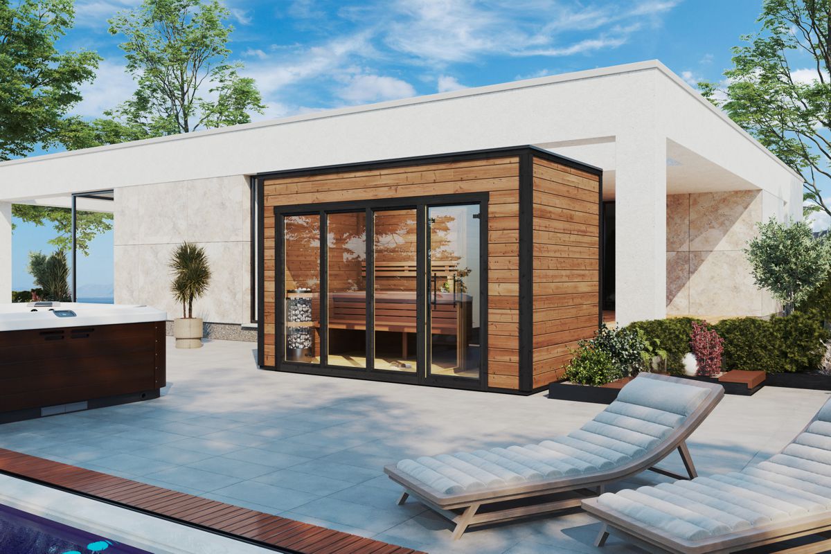 Modern outdoor sauna with flat roof and changing room. Made from thermowood.