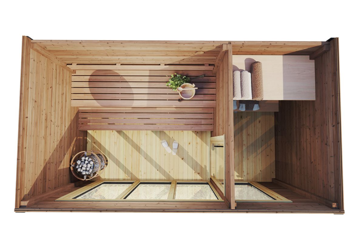 Modern outdoor sauna with flat roof and changing room. Made from thermowood. Top view