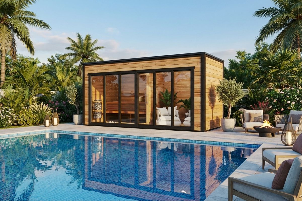 Large contemporary outdoor sauna cabin with changing room. Pool house