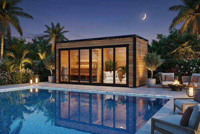 Large contemporary outdoor sauna cabin with changing room. Pool house