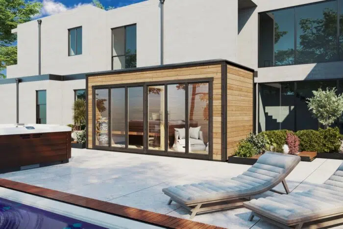 Large contemporary outdoor sauna cabin with changing room.