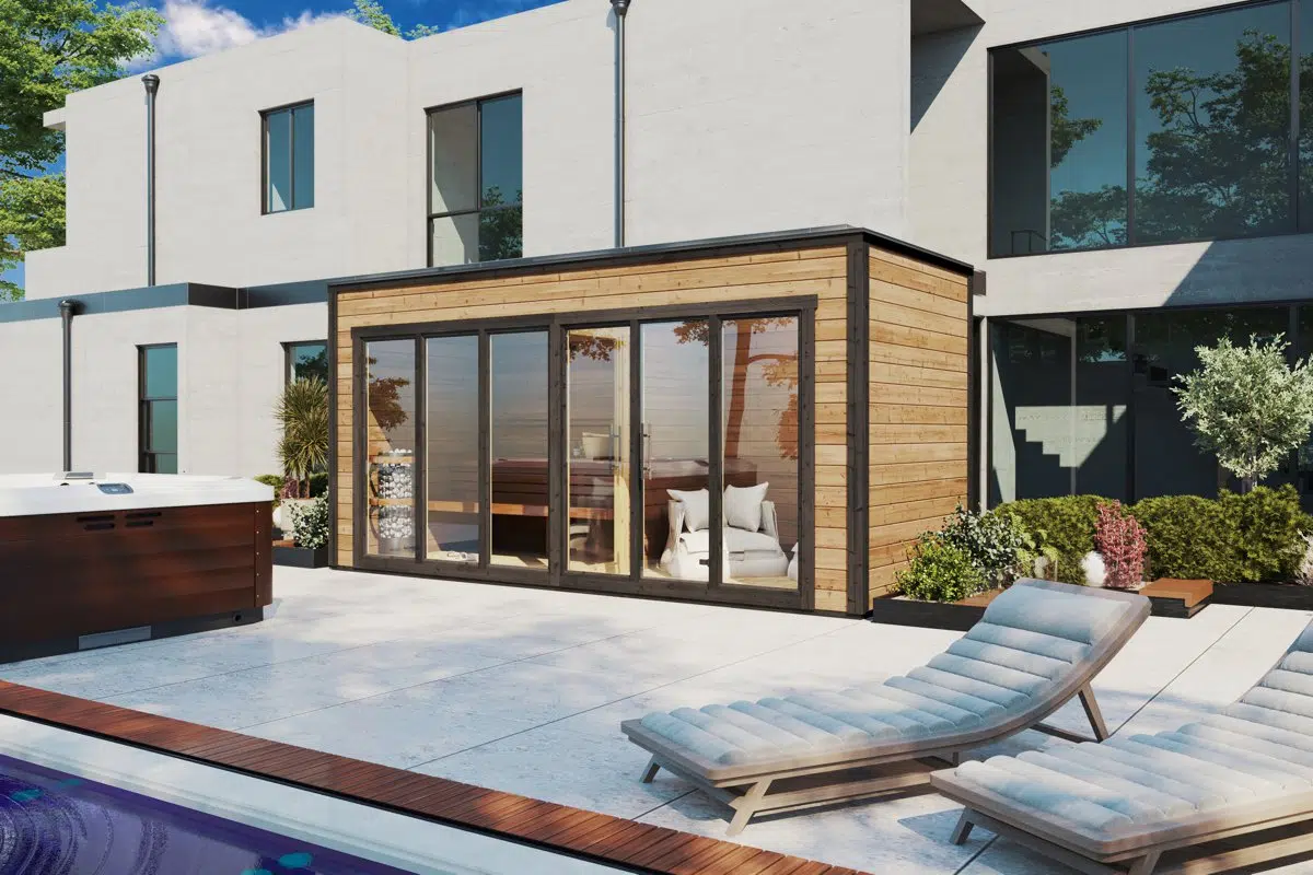 Large contemporary outdoor sauna cabin with changing room.