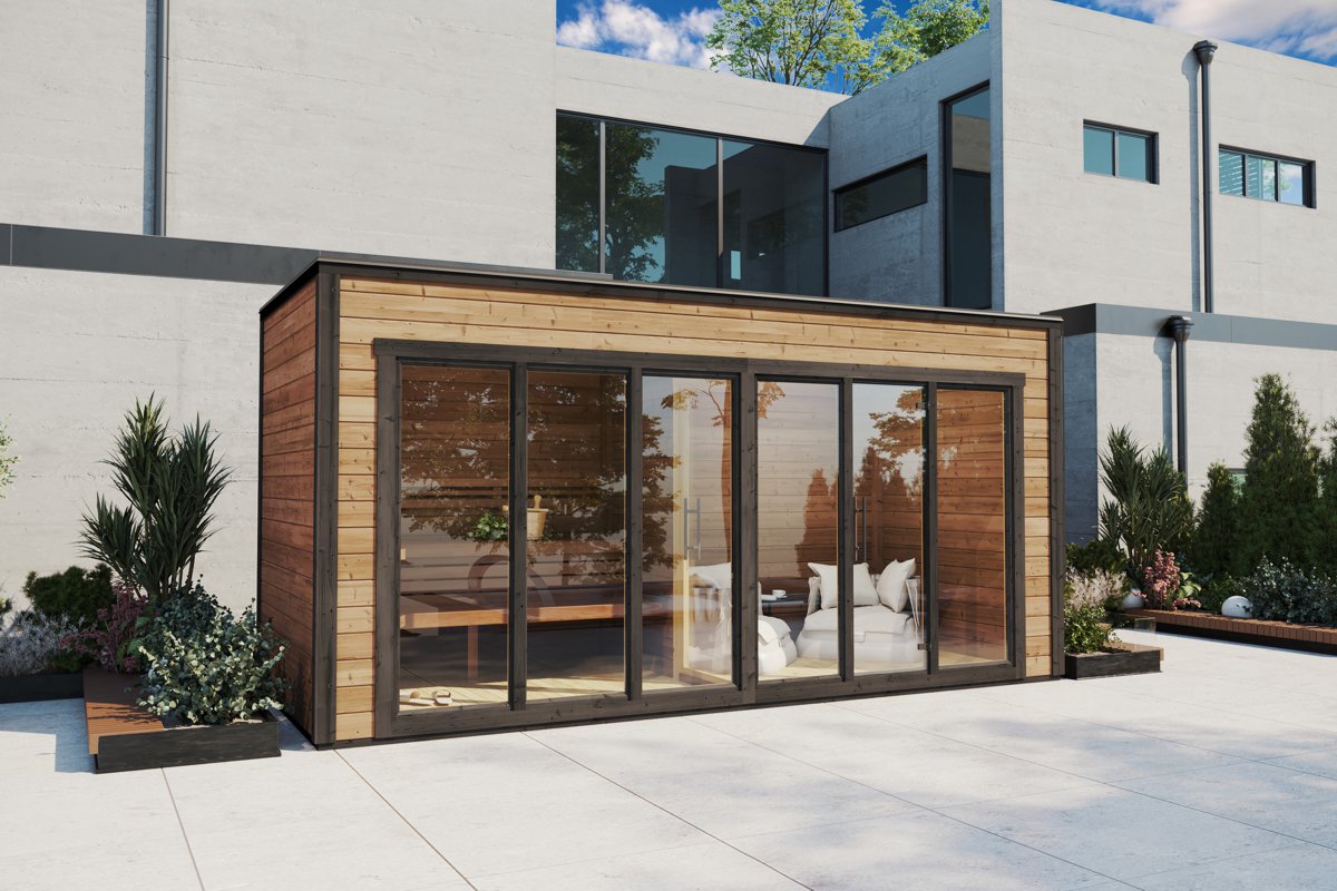 Large contemporary outdoor sauna cabin with changing room.