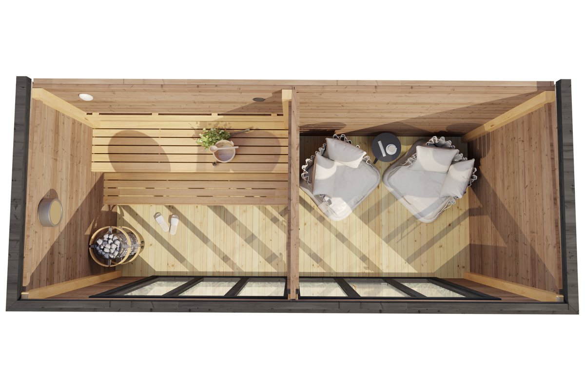 Large contemporary outdoor sauna cabin with changing room. Top view