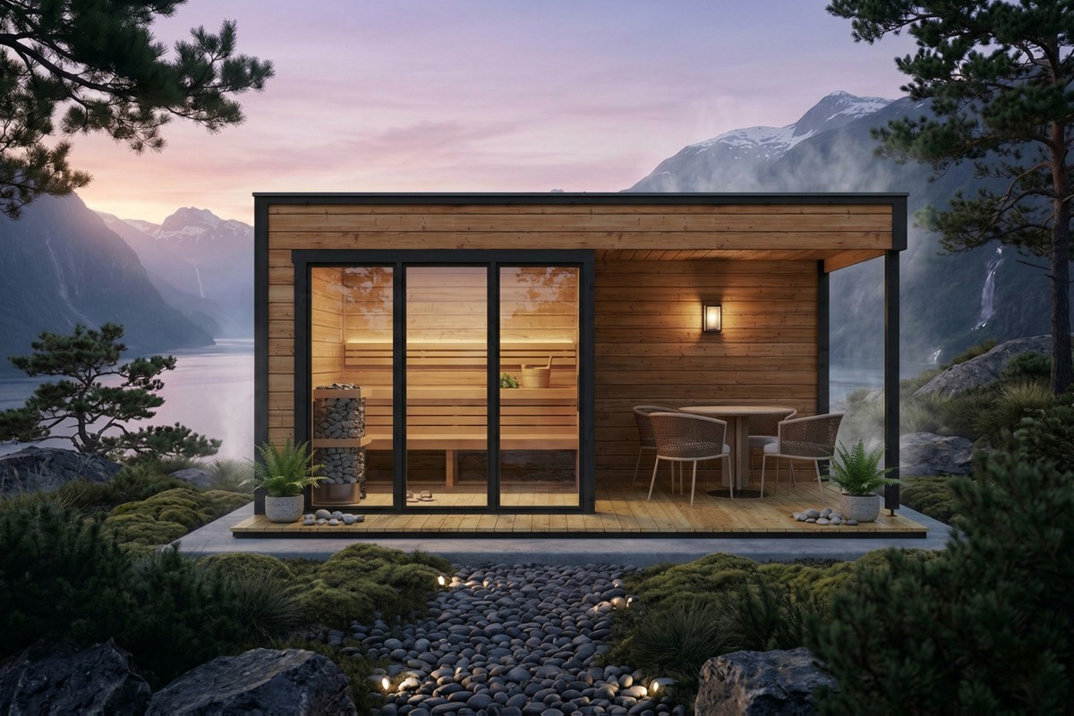Contemporary thermowood outdoor sauna cabin with veranda