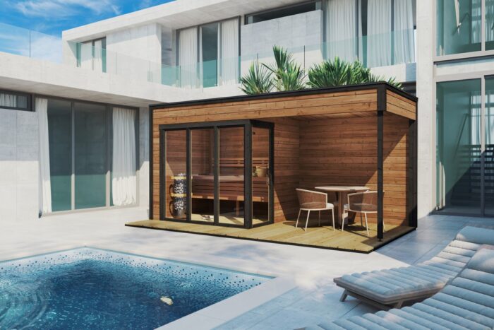 Contemporary thermowood outdoor sauna cabin with veranda