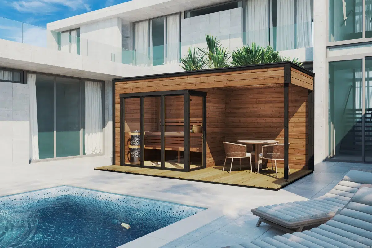 Contemporary thermowood outdoor sauna cabin with veranda