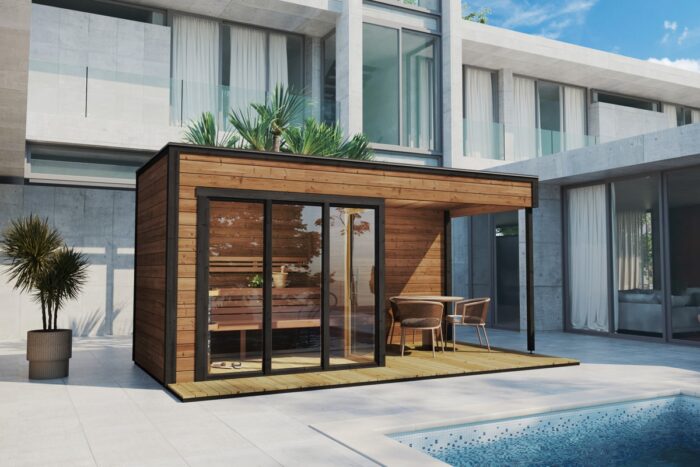 Contemporary thermowood outdoor sauna cabin with veranda