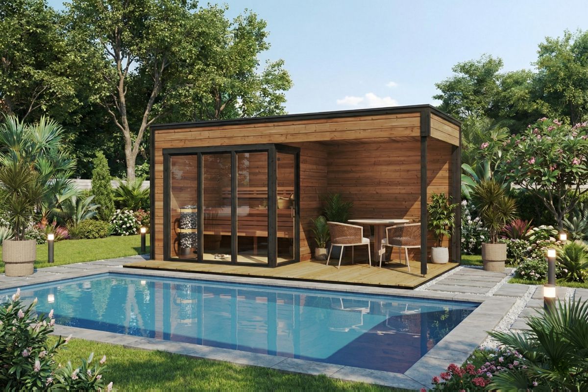 Contemporary thermowood outdoor sauna cabin with veranda - pool house