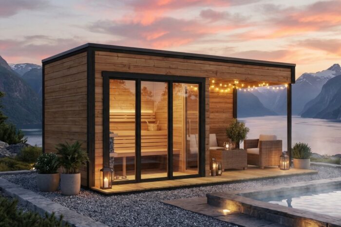 Contemporary thermowood outdoor sauna cabin with veranda