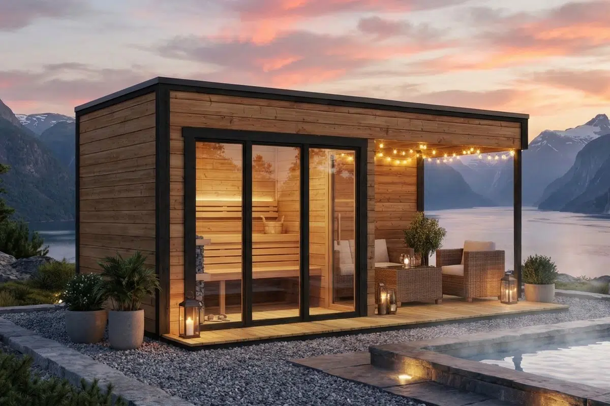 Contemporary thermowood outdoor sauna cabin with veranda
