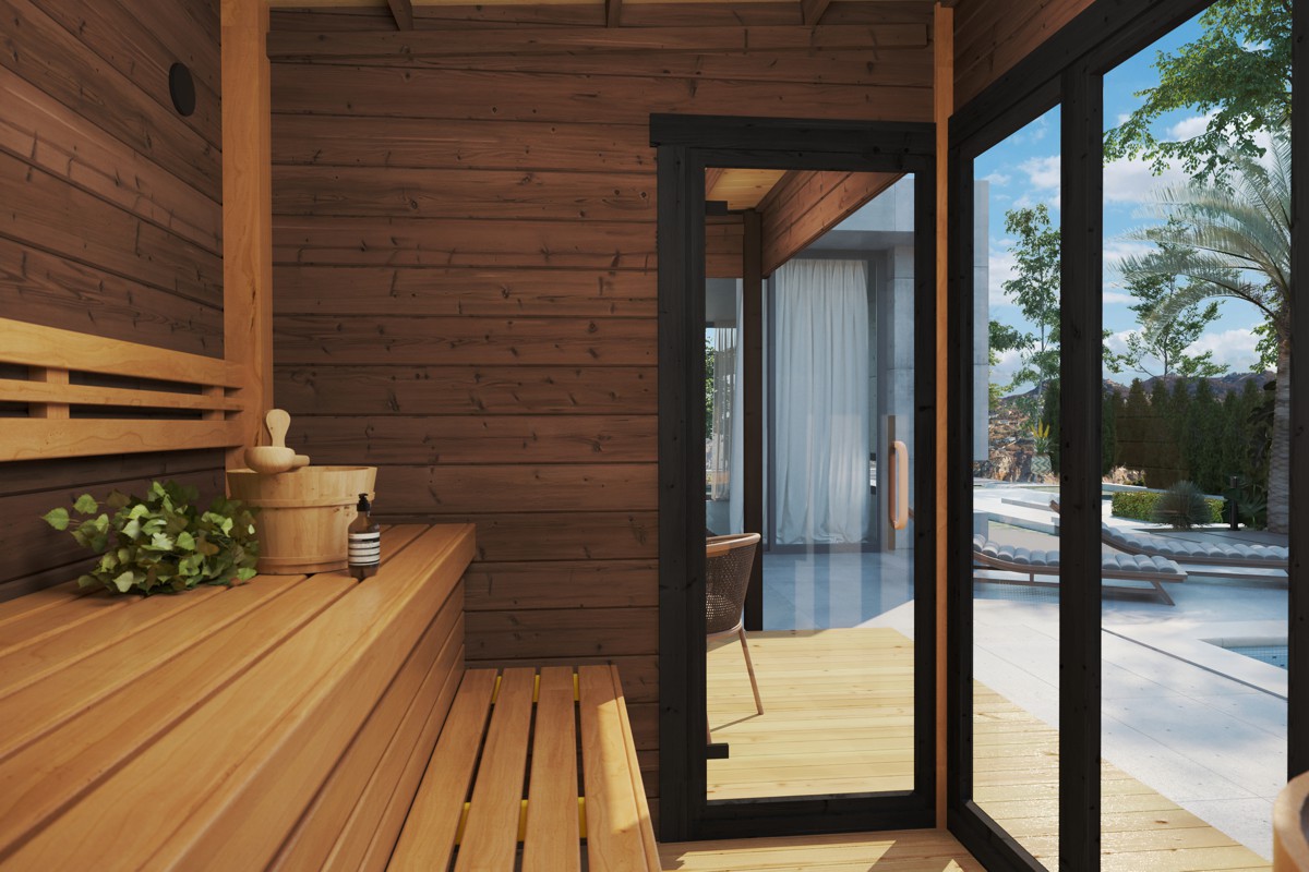 Contemporary thermowood outdoor sauna cabin with veranda - inside view