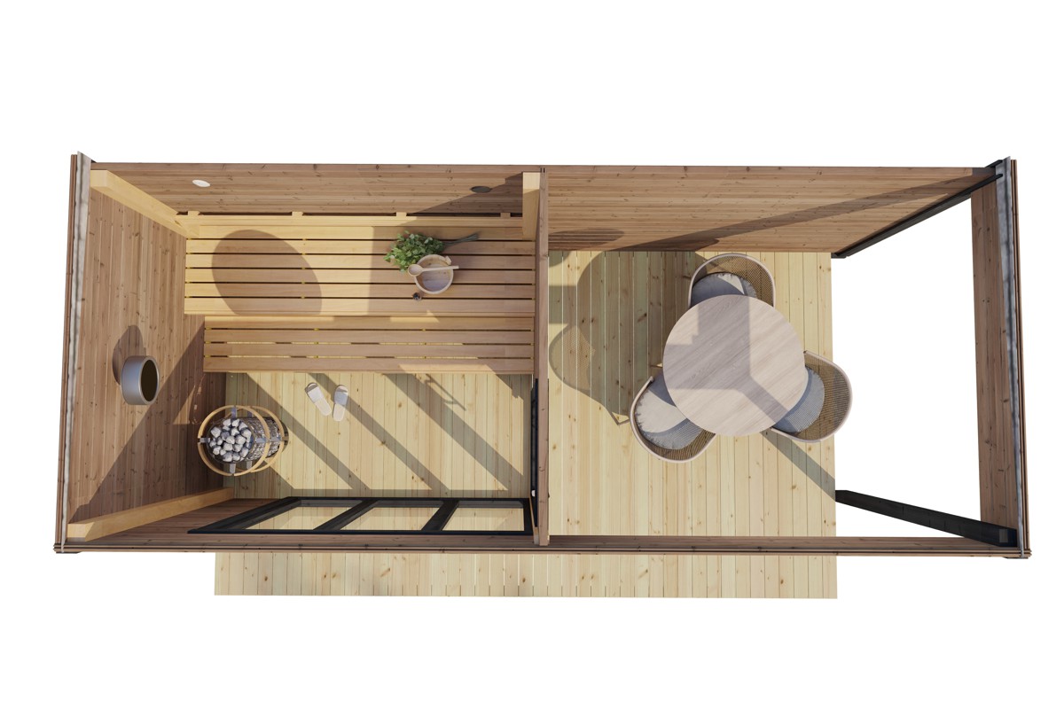 Contemporary thermowood outdoor sauna cabin with veranda - top view