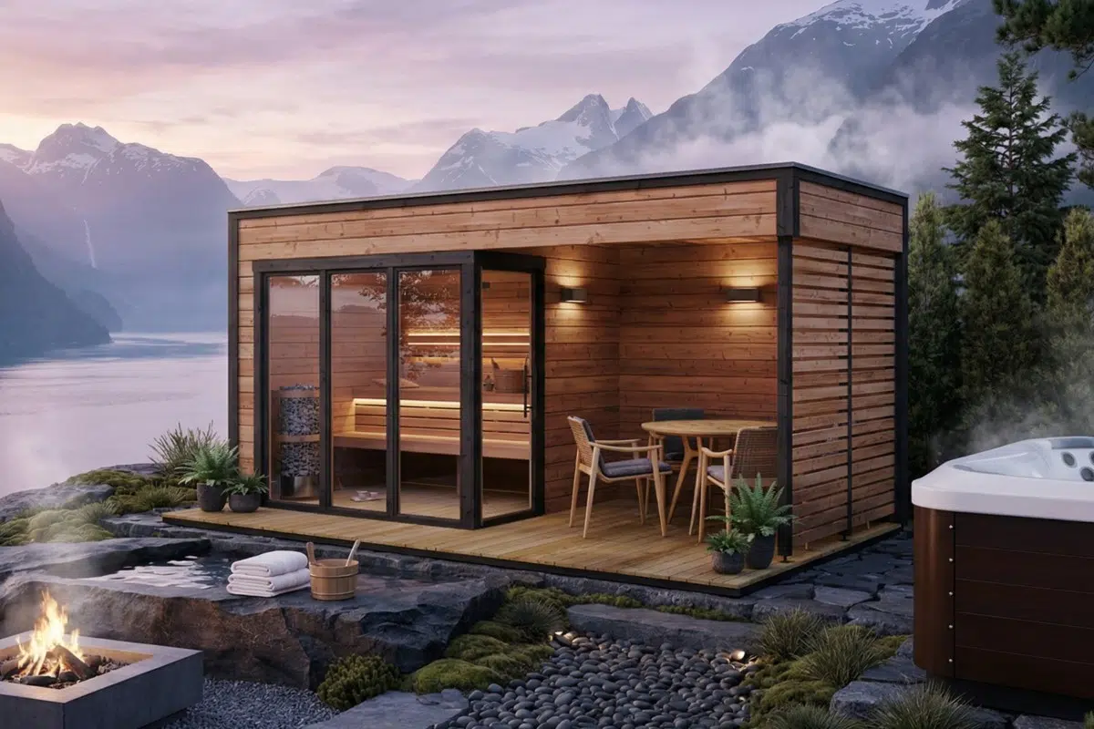 Modern outdoor sauna cabin with veranda. Made from thermowood.