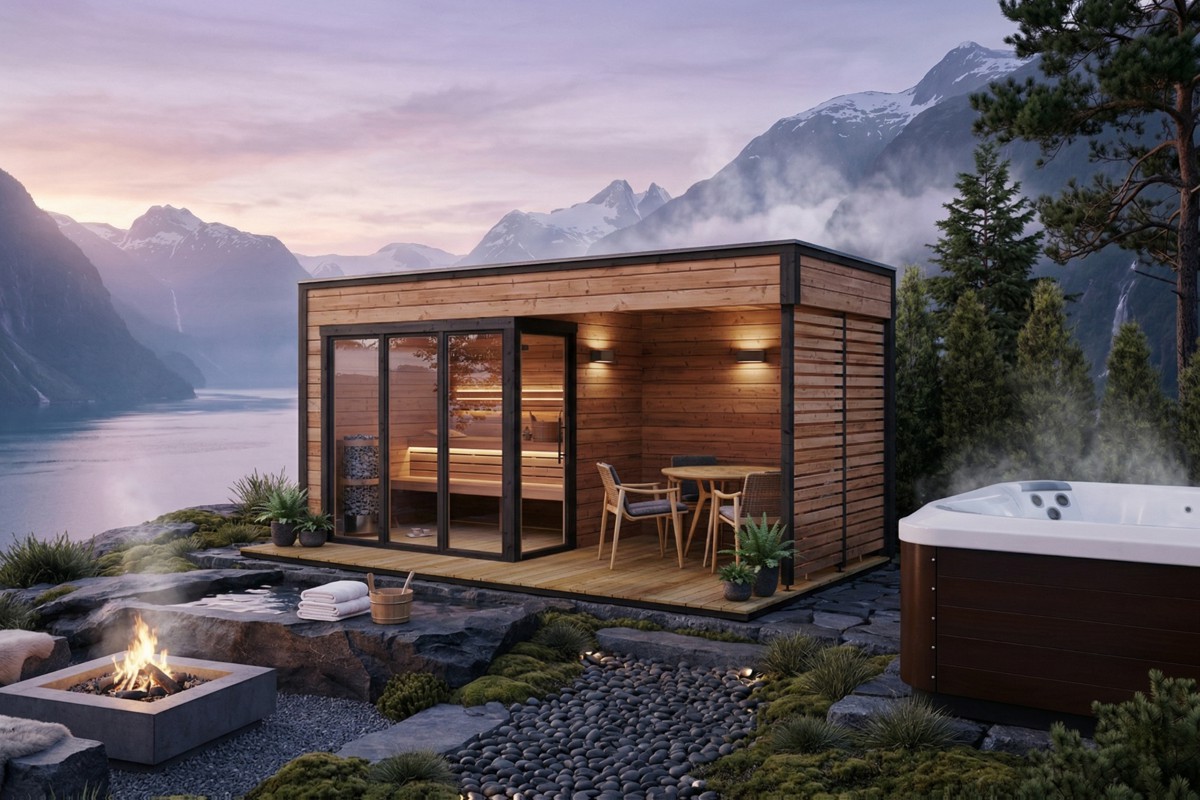 Modern outdoor sauna cabin with veranda. Made from thermowood.