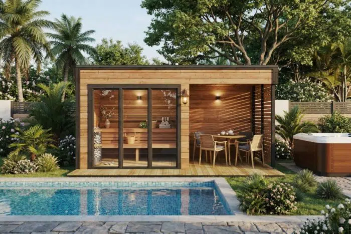 Modern outdoor sauna cabin with veranda next to a pool. Made from thermowood.