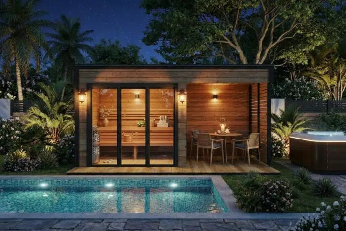 Modern outdoor sauna cabin with veranda next to a pool at night time.