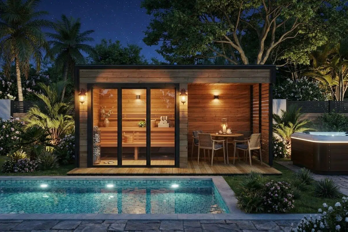 Modern outdoor sauna cabin with veranda next to a pool at night time.