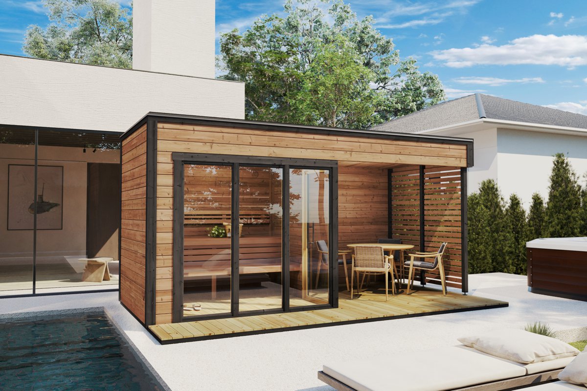 Modern outdoor sauna cabin with veranda in a garden. Made from thermowood.