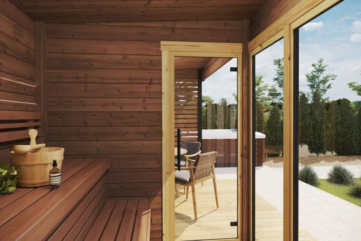 Modern outdoor sauna cabin with veranda - inside view. Made from thermowood.
