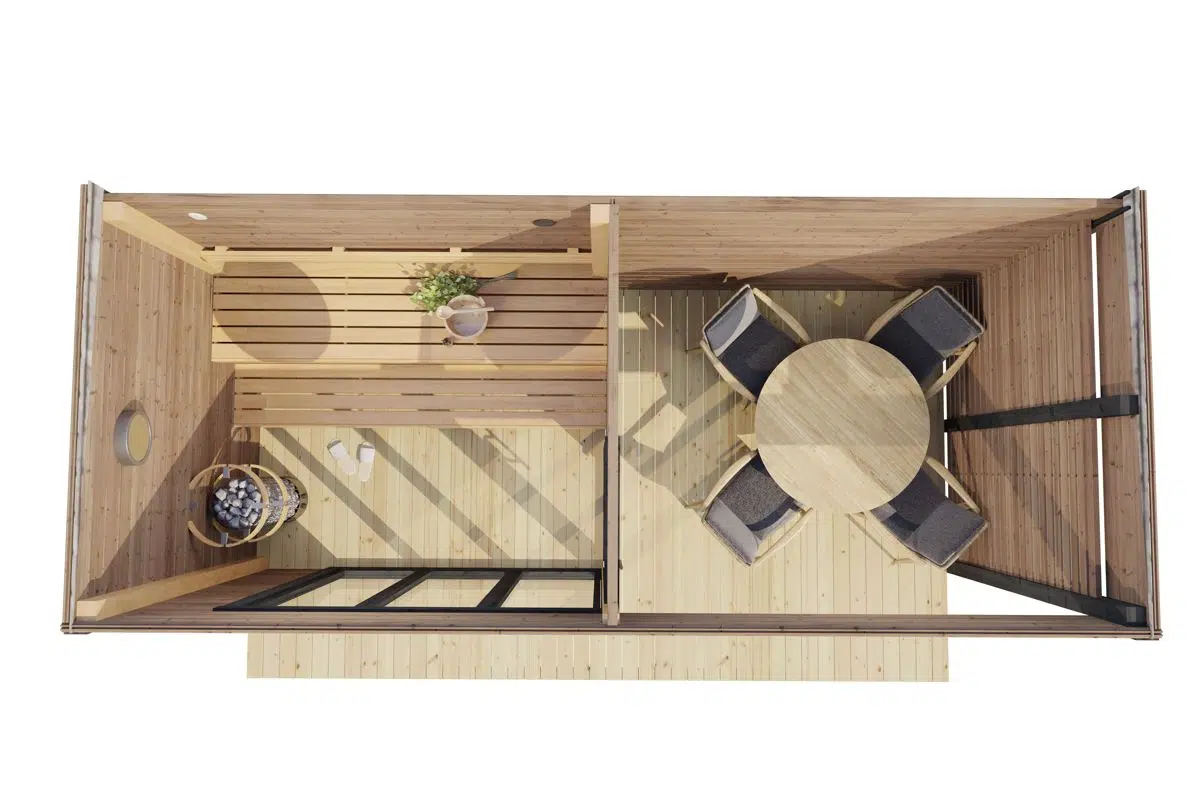 Modern outdoor sauna cabin with veranda - top view.