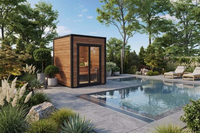 Small contemporary outdoor sauna room as pool house