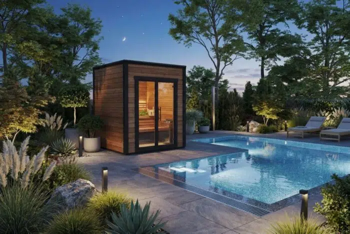 Small contemporary outdoor sauna room as pool house