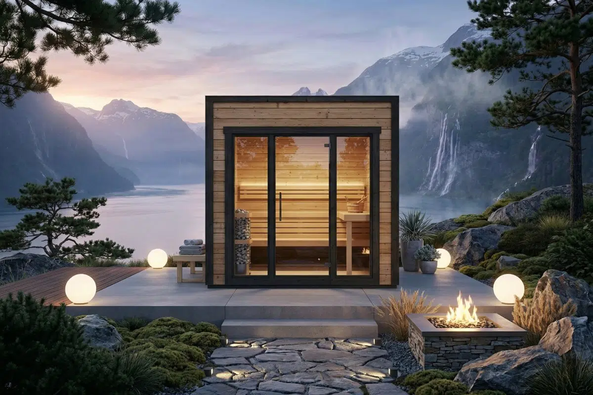 Small modern cube shaped garden sauna made from thermowood