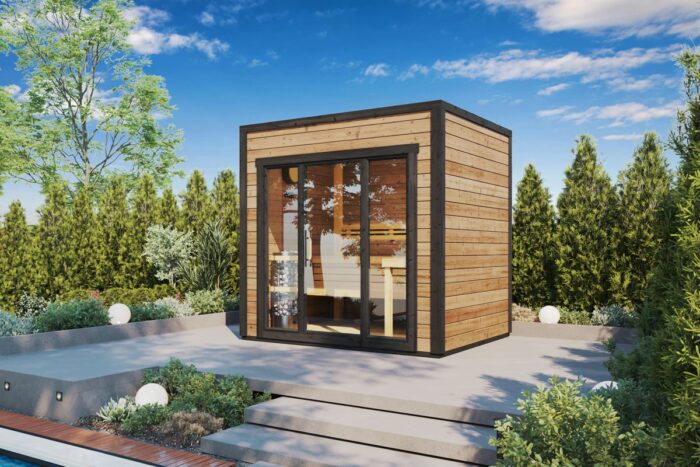 Small modern cube shaped garden sauna made from thermowood