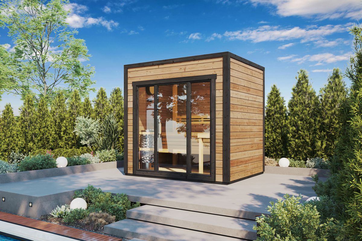 Small modern cube shaped garden sauna made from thermowood