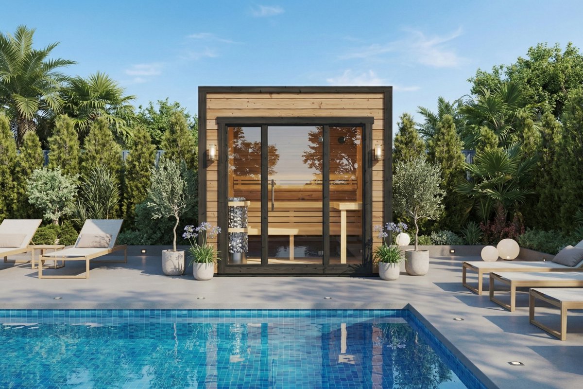 Small modern cube shaped garden sauna made from thermowood as pool house