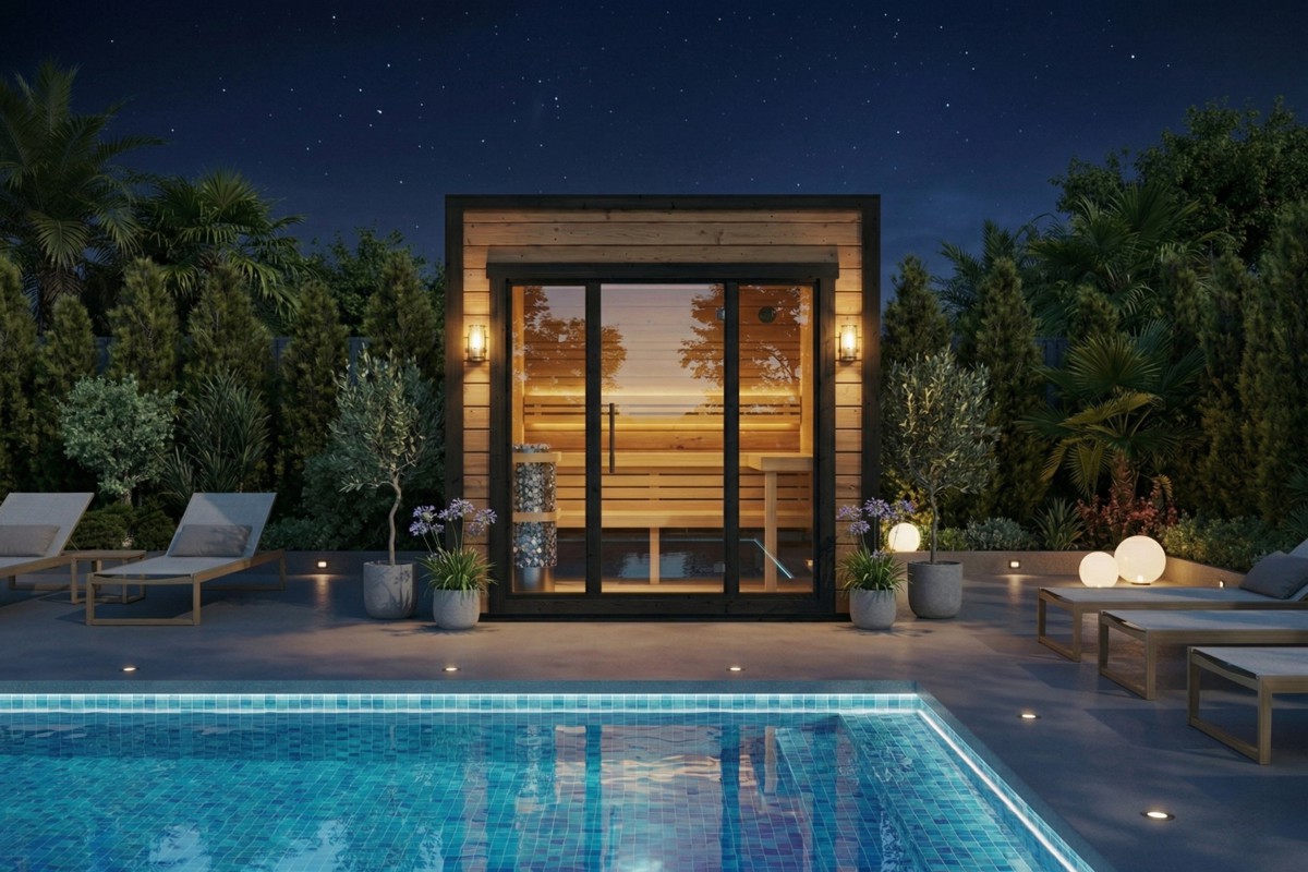 Small modern cube shaped garden sauna made from thermowood as pool house