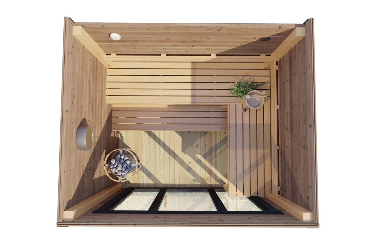 Small modern cube shaped garden sauna made from thermowood - top view