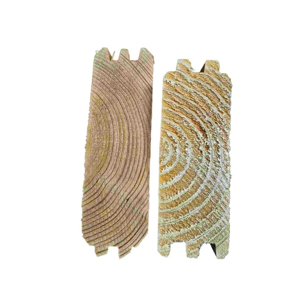 Cross-section comparison of Nordic spruce timber — Summerhouse24 (left) showing dense growth rings, versus competitor timber (right) with wider, less dense grain.